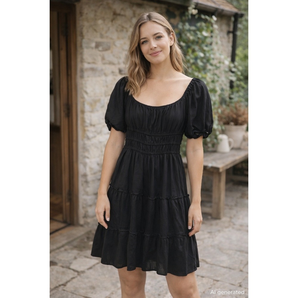 Altar'd State Womens Dress Sz S Black Puff‎ Sleeve Smocked Cottage Milkmaid Boho